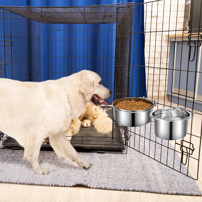 2 Pcs Medium Pet Dog Food Water Bowl for Cage Stainless Steel Non-Spill Kennel Hanging Cats Pets Bowls with Clamp Holder Crate Feeder Dish for Medium Dogs Pets (5.5x3.1'' & 6.3x2.6'')
