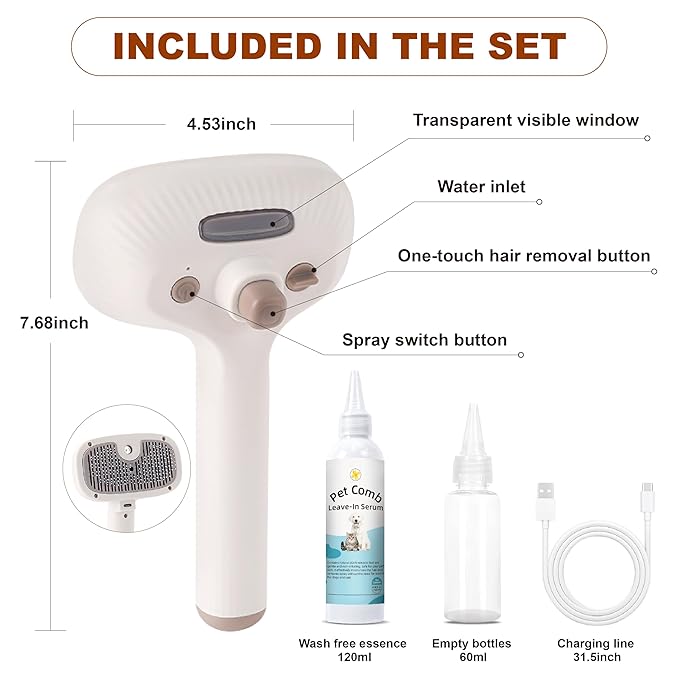Cat Steam Brush, Dog Brush for Shedding, Pet Spray Hair Removal Comb, Pet Grooming Brush for Short & Long Haired Dogs & Cats,Spritz Defur Comb with Waterless Shampoo (White)