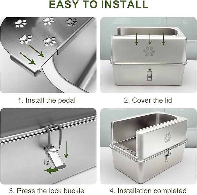 Enclosed Stainless Steel Cat Litter Box with Lid, Metal Litter Box for Big Cats, Extra Large Cat Toilet with High Side, Non-Stick, Anti-Leakage, Odorless, with Cats Litter Mat & Litter Scoop