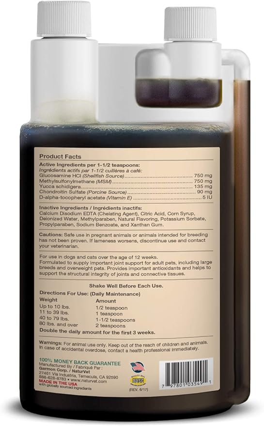 NaturVet Glucosamine DS Plus Hip & Joint Support Liquid Pet Supplement – Level 2 Moderate Care for Dogs & Cats – Includes Glucosamine, MSM, Chondroitin – 32 Oz