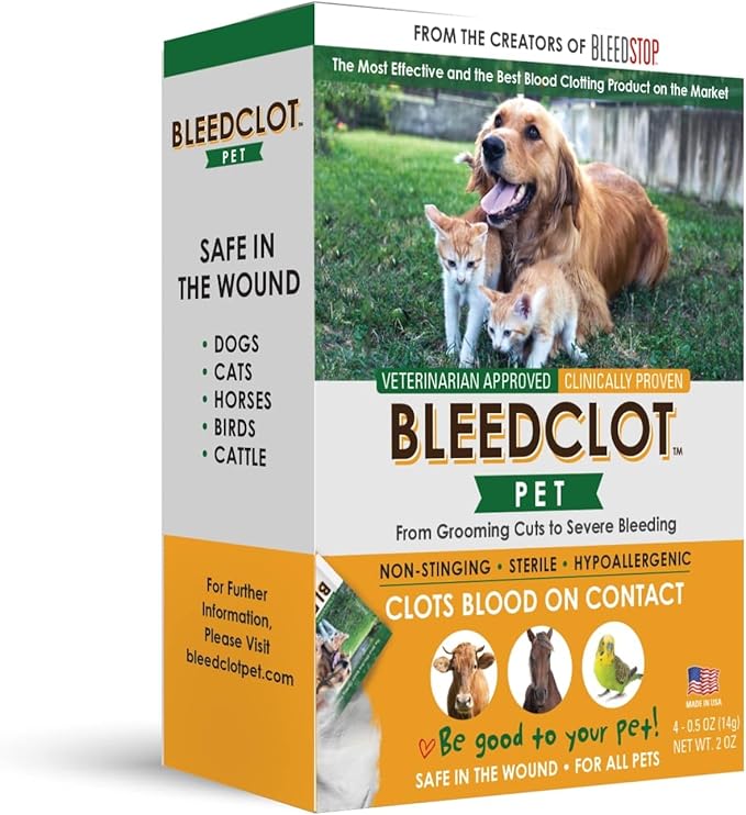 BleedClot Pet First Aid Blood Clotting Powder | The Best for All Animals to Stop Bleeding, Guaranteed | for Minor Cuts and Severe Arterial Bleeding | from The Makers of BleedStop (4 Pouches (0.5 oz))