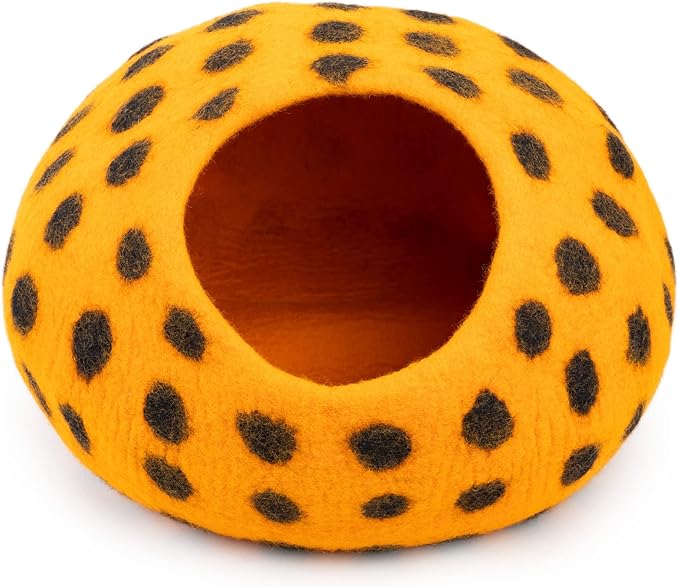 Woolygon Premium Felt Cat Cave Bed - Polka Dot Series - Wool Kitty Beds Handcrafted Kitten Caves Bed for Indoor Cats - Eco-Friendly Merino Wool, Foldable Cat Hideaway Cat Houses (Orange/Black Dots)