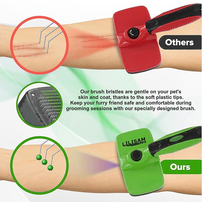 Pet Self Cleaning Slicker Brush and Grooming Comb - Gently Removes Loose Hair, Tangles, and Dirt - Skin Friendly Deshedding Grooming Tool for Hair Dogs & Cats - Pet Supplies Accessories (Green)