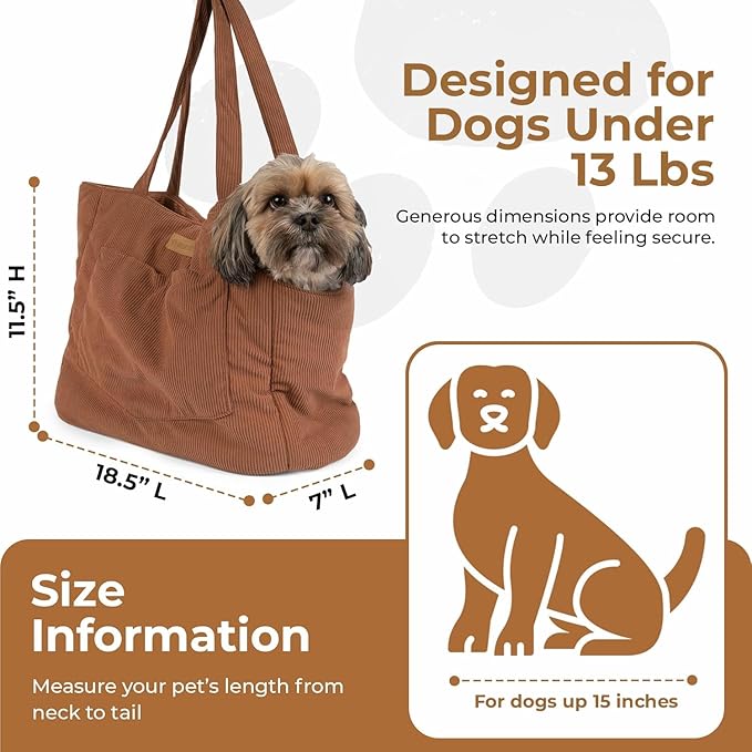Corduroy Dog Carrier - Lightweight Cotton Soft-Sided Pet Tote with Safety Harness Clip - Breathable Travel Carrier for Small Dogs and Puppies (Brown)