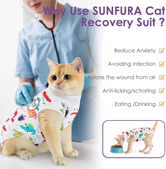 SUNFURA Cat Recovery Suit, Kitten Surgical Full Bodysuit for Abdominal Wound Protector Anti Licking After Surgery, Professional Bandages Cone E-Collar Alternative for Small Male & Female Pets