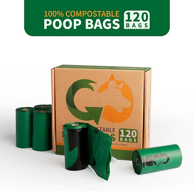 Certified 100% Compostable Poop Bags for Dogs, 120 Count Guaranteed Leak Proof and 18 Microns Extra Thick Dog Waste Bag, 18 Rolls of Plant Based Doggie Poop Bag, No Scented with ASTM D6400 & EN13432
