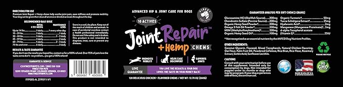 Joint Repair Hip and Joint Chews for Dogs Glucosamine, Chondroitin, MSM, Hemp, Omega 3 & Turmeric for Dog Joint Support, Mobility & Pain Relief - (120 Chicken Chews, Made in USA)