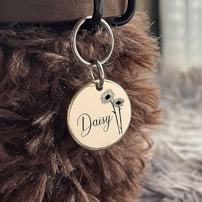 Cats Dogs ID Tags Personalized Engraving Birth Flowers Pattern for Custom Pets Collar Accessories Brass Copper Medium Round Name Plate