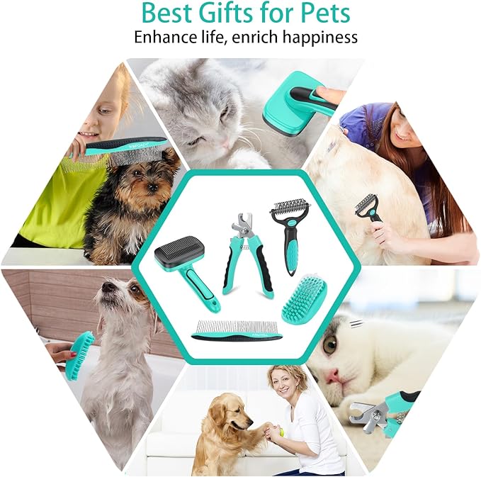Dog Brush Kit for Grooming Short & Long Haired Dogs & Cats, 5 in 1 Pet Grooming Set for Small Animals, 5 PCS Puppy Self-Cleaning Slicker Brush and Pet Comb for Shedding Medium & Large Dogs
