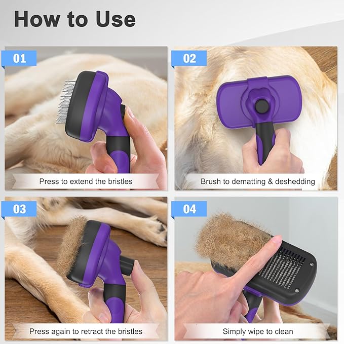 Self Cleaning Cat & Dog Grooming Brush - Skin Friendly Deshedding Hair Brush for Haired Dogs & Puppies, Purple
