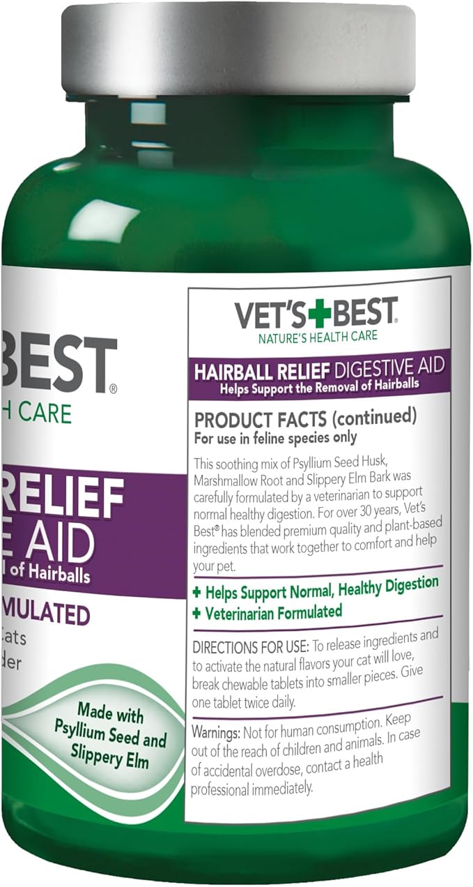 Vet’s Best Cat Hairball Relief Digestive Aid, Vet Formulated Hairball Support Remedy, Hairball Relief for Cats, Classic Chicken Flavor, 60 Chewable Tablets