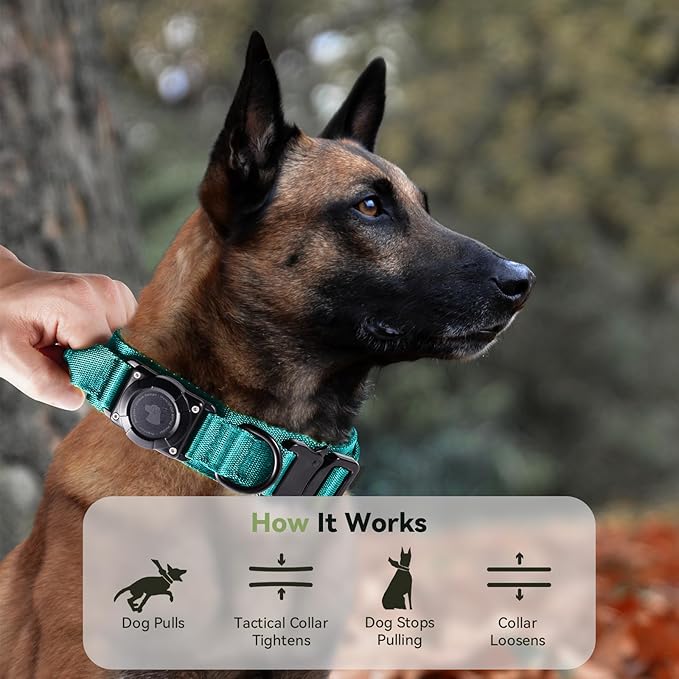 2025 Upgrade Waterproof AirTag Dog Collar, Military Tactical Dog Collar with AirTag Holder, Comfortable Control Handle and Metal Buckle, GPS Dog Collar Holder for Medium to Large Dogs (Blue, M)