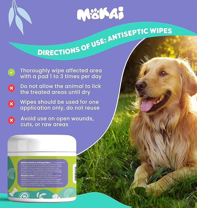 Antiseptic Wipes for Dogs Cats and Horses | Dog Chlorhexidine Wipes with Ketoconazole Dermatological Pads Hot Spots Itchy Paws Skin Rashes