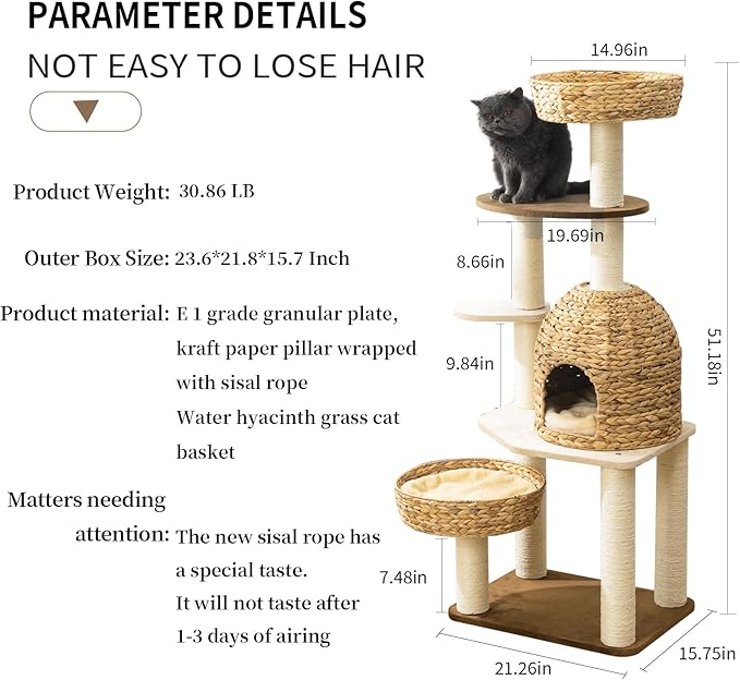 Large Wood Cat Tree Tower for Indoor Cats, Multi-Cats Scratching Post & Cat Condo with Handwoven Cat House Basket, Thick Sisal Posts, Modern Stable Cats Tower Furniture