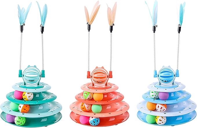 Vealind Cat Toy Roller 4-Level Turntable Cat Toys Balls with Colorful Pom Pom Balls Interactive Fun Mental Physical Exercise Puzzle Kitten Toys (Orange)