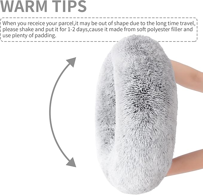 Love's cabin Calming Cat Bed for Indoor Cats, Anti-Anxiety Donut Round Dog Bed, Fluffy Faux Fur Washable Pet Bed for Small Medium Dogs and Cats,Grey,20in