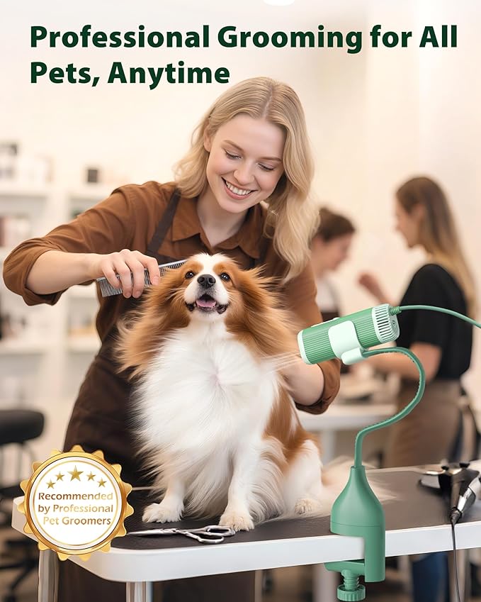 L&W BROS. 2-in-1 Pet Hair Dryer with Clamp Stand – Wearable & Hands-Free Dog Grooming Dryer, 950W Low Noise Blower with 5 Heat & 3 Speed Settings, for Small to Medium Pets (Green)