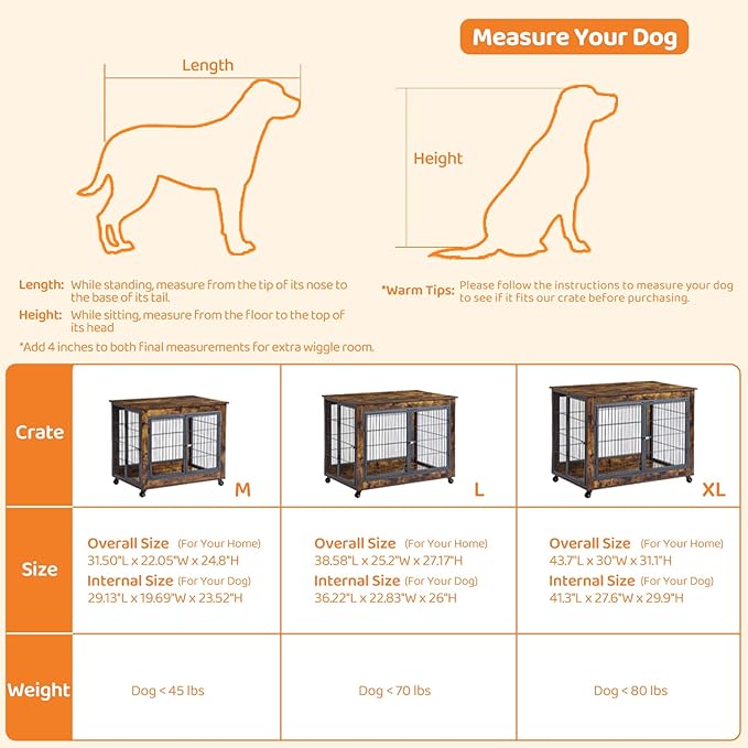 IchbinGo Dog Crate Furniture, Wooden Dog Crate Table, 43.7" Dog Kennel with 3 Doors, Flip-up Top Opening and Wheels, Decorative Pet Crate House for Large/Medium/Small Dog Indoor Use (Rustic Brown)