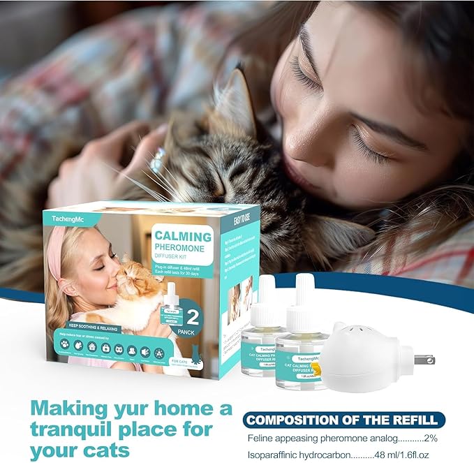 Cat Calming Diffuser, Cat Pheromones Calming Diffuser, Effectively Relieve Anxiety Stress Cat Diffuser Calming Multicat with 1 Diffuser + 2 Refill 48ml Last 60 Days Fits All Cats