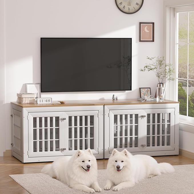 42" Heavy Duty Dog Crate Furniture for Small,Medium and Large Dogs,Rustic Wooden Dog Cage Kennel Indoor Furniture with Waterproof Top,Decorative Pet House Side End Table (White & Wood)