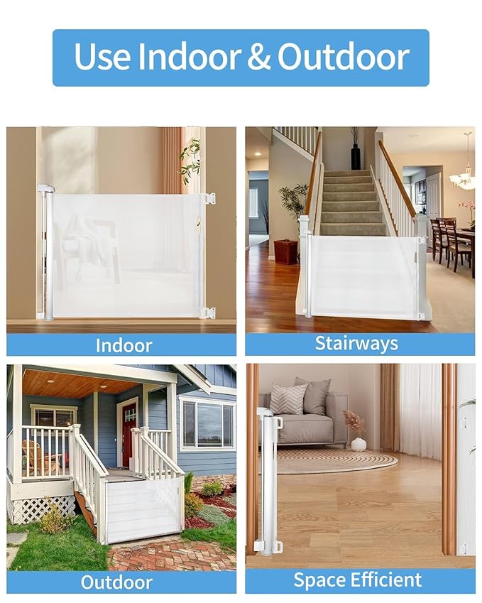 (2 Pack) Retractable Baby Gate for Doorways and Stairs, Mesh Safety Gate for Pet, Indoor & Outdoor Use, One-Hand Operation, Easy Installation, 33.6" Tall, Expands to 55" Wide(White,33.6"x55"