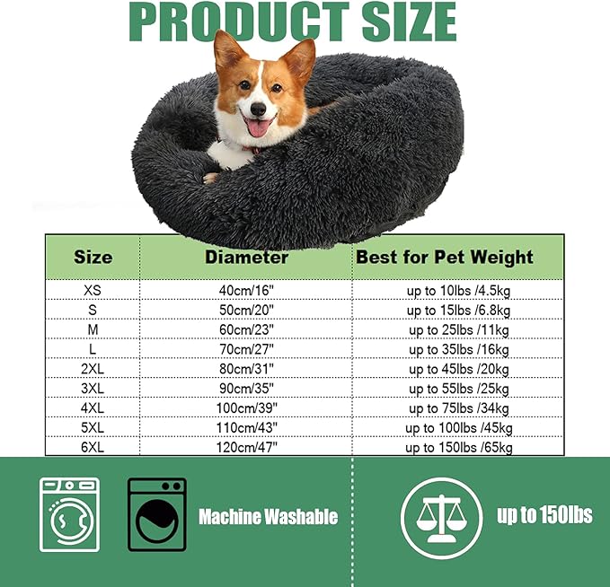 Calming Faux Fur Dog Beds Calming Donut Cuddler Dog Bed Washable Round Cat Bed Pillow Cuddler Fluffy Indoor Dog Calming Beds with Anti Slip Bottom Solid Color Champagne 23 Inch
