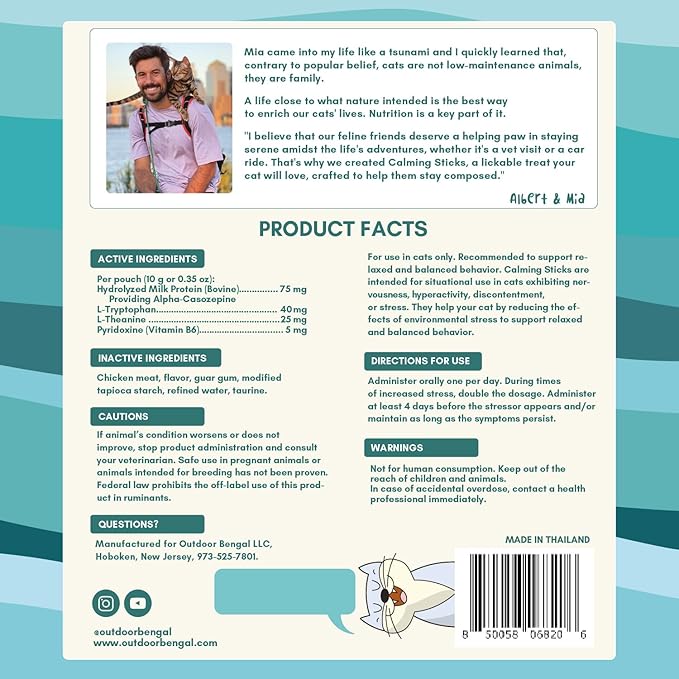 ALBERT & MIA Calming Sticks Lickable Calming Cat Treats for Stress and Anxiety Relief for Cats, Irresistible - Vet Recommended (Sleeping Aid, Vet Visits, Grooming, Car Rides, Plane) 20 Pack
