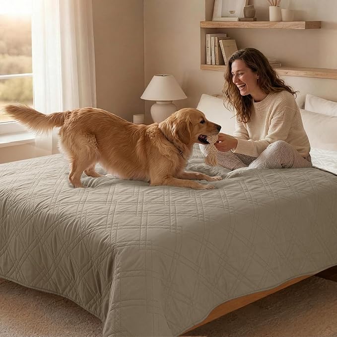 100% Waterproof Dog Couch Protector, Triple-Layer Waterproof Dog Bed Cover Pet Blanket Reversible 2-Tone Sofa Shield, Non-Slip Furniture Guard for Pets(68×82 Inch, Khaki+Off White)