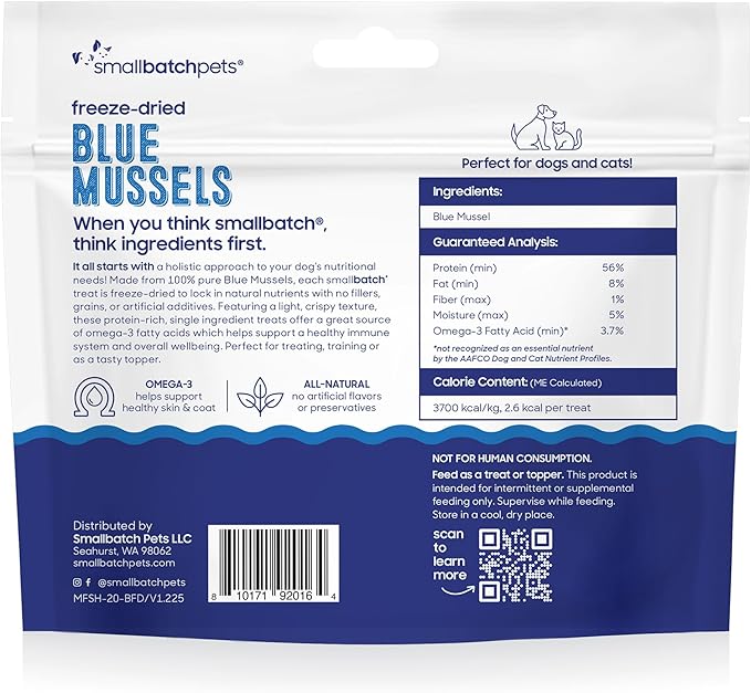 smallbatch Pets Freeze Dried Cat & Dog Treats, 2oz - 100% Blue Mussels, Organic High Protein Treats, Omega 3 Fatty Acids, Gluten Free, Grain Free, Made in The USA, Ethically Sourced, Single Protein