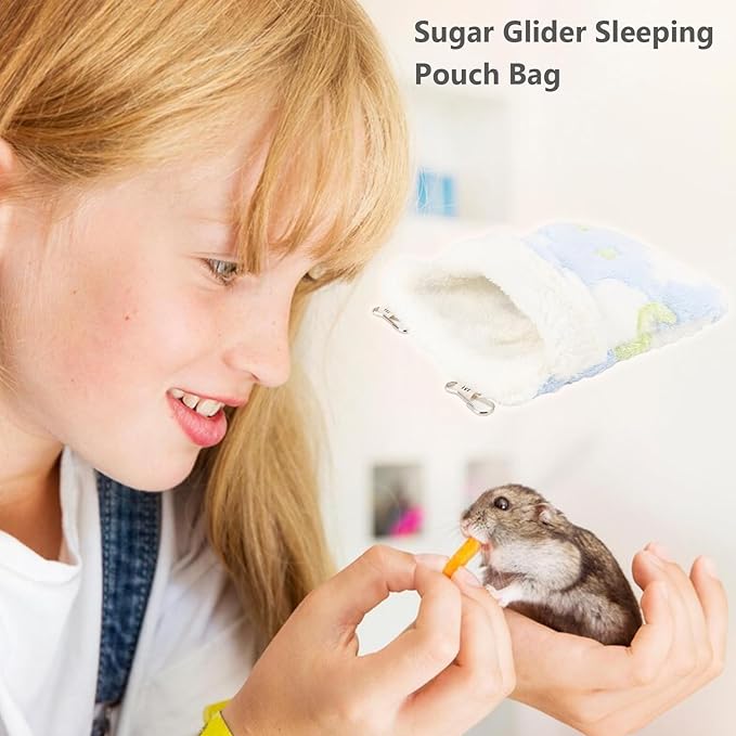Sugar Glider Sleeping Pouch Bag, Warm Hamster Hammock Pouch Sack Small Pet Hanging Bed for Hamster Rat Hedgehog Squirrel and Other Small Animal (Blue)
