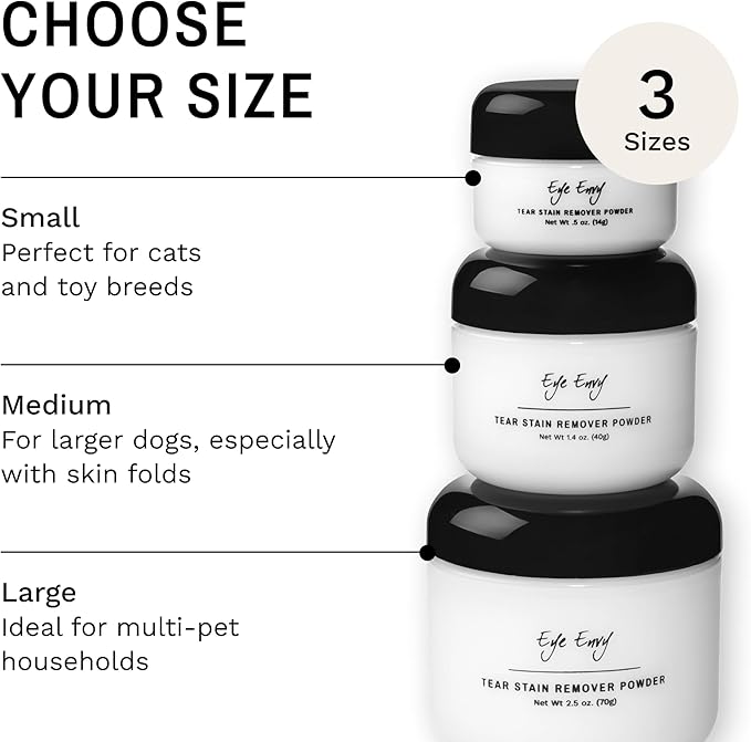Eye Envy Tear Stain Remover Powder for Dogs and Cats. 100% Natural, Safe. Apply Around Eyes. Absorbs and Repels Tears. Keeps Area Dry. Treats The Cause of Staining. Made in The USA (2.5 oz)