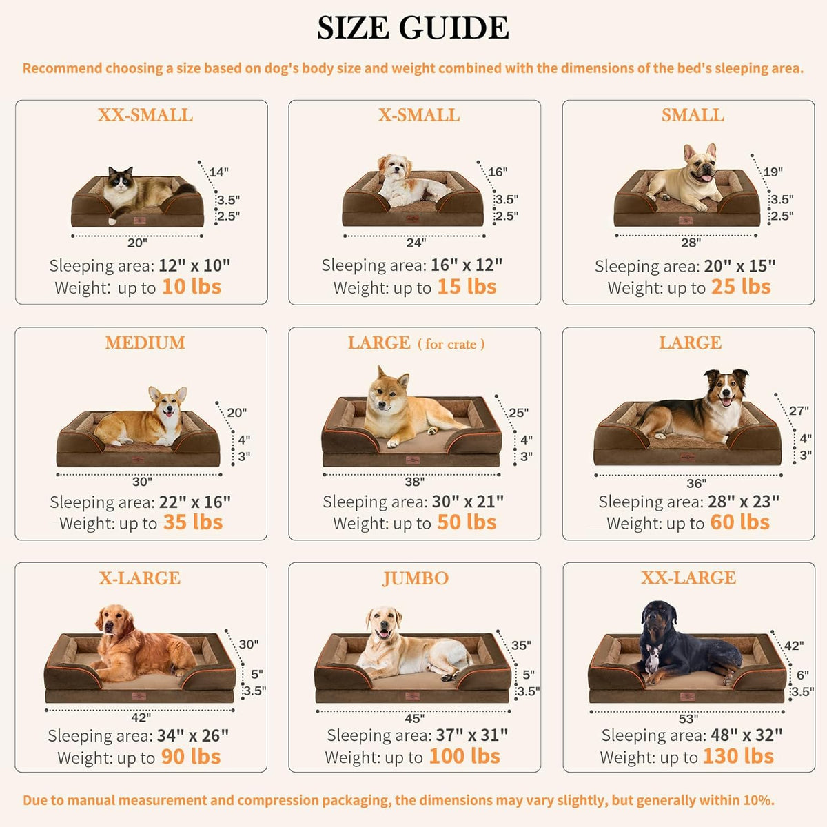 Comfort Expression Cooling Dog Beds Orthopedic, Waterproof Memory Foam Dog Bed for Large Dogs, Washable Dogs Beds with Removable Cover, Pet Sofa Couch with Bolster(Large,Khaki Brown)