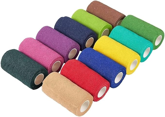Juvale 12 Rolls Colorful Self Adhesive Bandage Wrap 4 Inch Wide x 5 Yards - Cohesive Vet Tape for First Aid, Sports, Tattoo (12 Colors) - Vet Wrap (Pack of 2)
