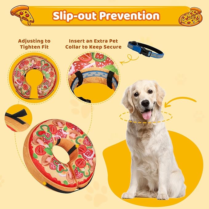 Grand Line Pizza Inflatable Collar for Dog and Cat, Soft Protective Recovery Cone After Surgery, Blow up Pet Donut Collar Cone, E-Collar Alternative Does not Block Vision (Cartoon,X-Large)