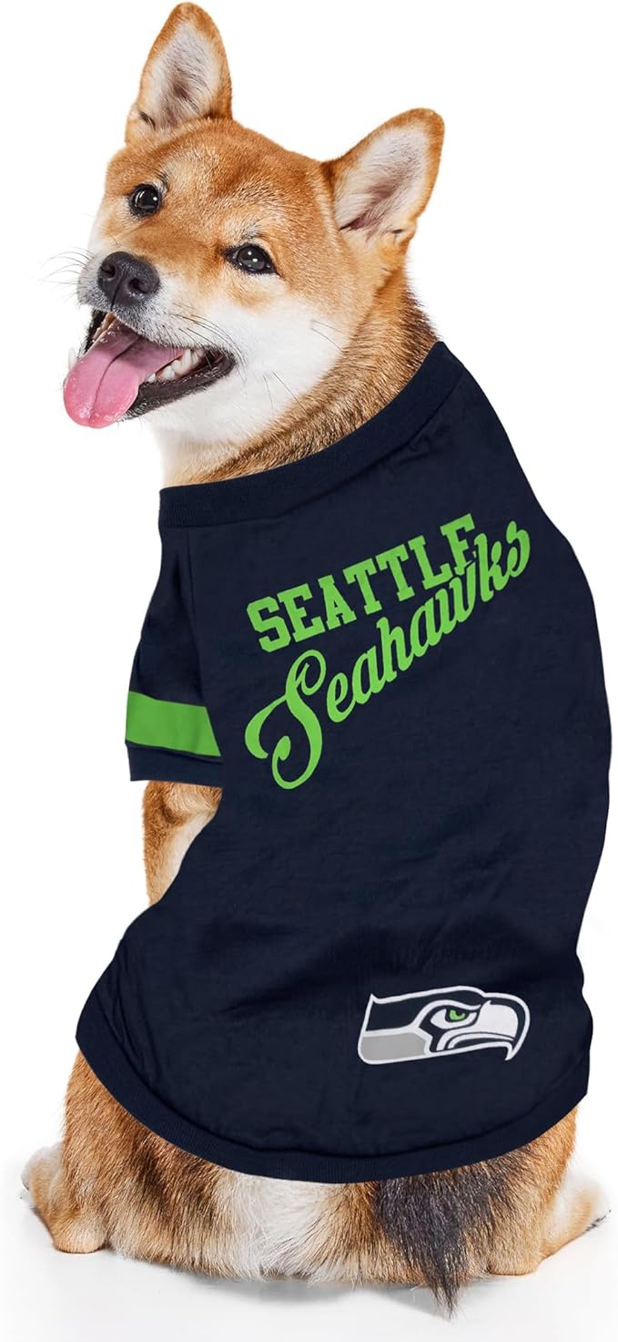 Pets First NFL Seattle Seahawks T-Shirt for Dogs & Cats, Large. Football Dog Shirt With Fashionable Stripe Design, Durable & Cute Sports Pet Tee Outfit (SEA-4146-LG)
