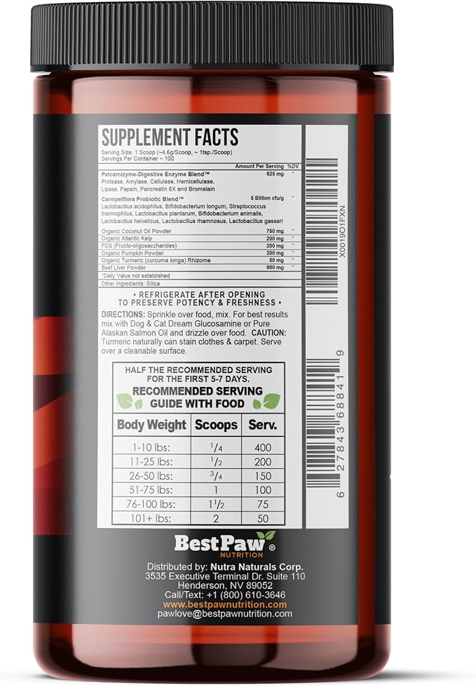 Dog & Cat Premium Probiotic Prebiotic & Digestive Enzymes 5 Billion CFU Organic Turmeric Coconut Oil Pure Pumpkin & Kelp for Healthy Bowels Gut & UTIs Beef Liver Flavor