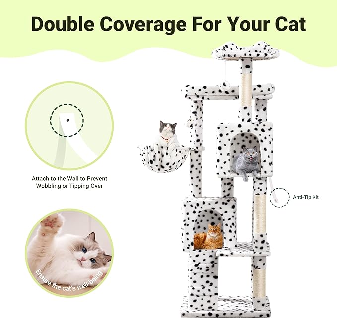 Allewie 64 Inches Cat Tree Tower/Multi-Level Activity Center for Indoor Big Felines/2 Plush Condos/2 Perchs/Basket/House/Sisal Scratching Posts/Hanging Cat Toys/White & Black Spot