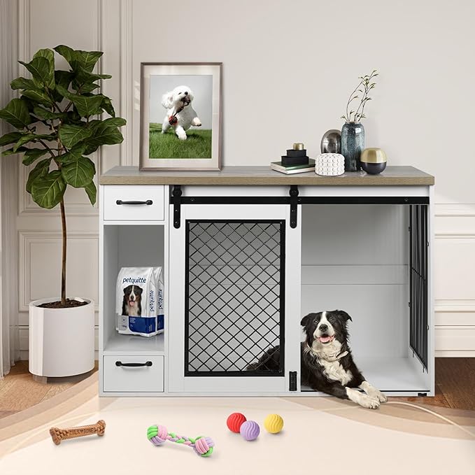 Large Dog Crate, Dog Crates for Medium Dogs, 47.2" Dog Kennel Indoor with Drawers, Feeder Bowls and Storage, 2 Sliding Doors, Heavy Duty Dog Crate Farmhouse Modern Side End Table for Small Medium Dogs