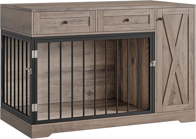 Dog Crate Furniture Kennel with Double Doors Wooden Pet House with 2 Drawers and Storage Cabinet, Indoor Dog Cage Farmhouse Modern Side End Table for Small Medium Dogs, Rustic