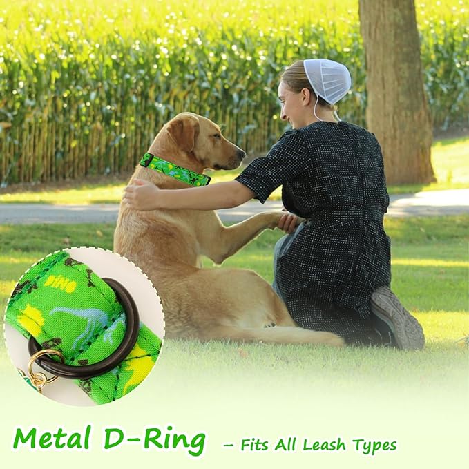 Medium Dog Collars for Male Dogs, Boy Dog Collars with Dinosaur Pattern,Adjustable Cotton Green Collar for Puppy Dog,Ideal, Daily Photos & Pet Fashion Accessory