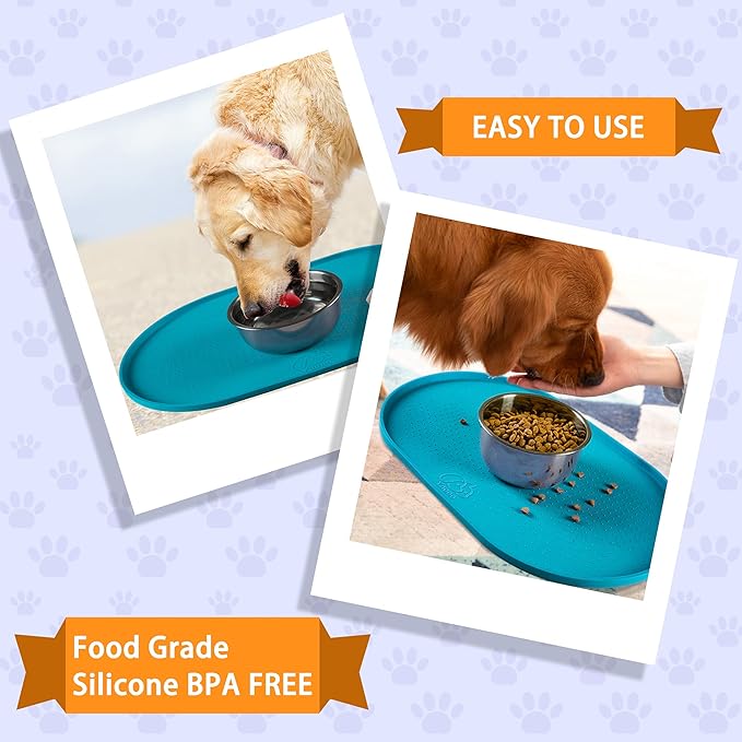 100% Waterproof 0.5" Raised Edge BPA Free Silicone Dog Food Mat, Pet Cat Feeding Mats Contain Spills Protects Floors, Placemats for Cats and Dogs Water Bowl Dishwasher. (Small, Teal)