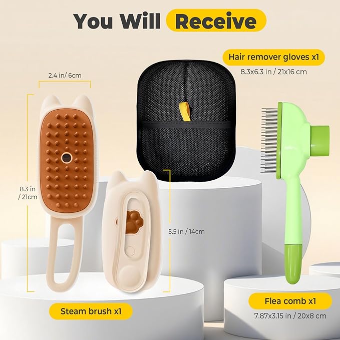 Cat Steam Brush for Shedding, 4 in 1 Rechargeable Steam Brush for Cats and Dogs, Anti-Static, Massage, flea comb for cats& Pet Removal Hair Glove,Shedding & Combing All In One!