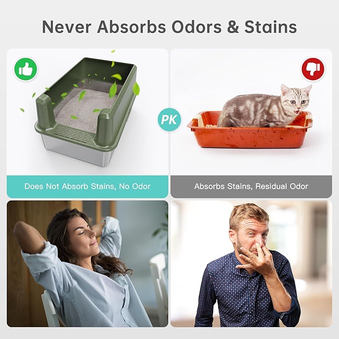 Enclosed Stainless Steel Cat Litter Box with Lid, XL Extra Large Litter Box for Big Cats, Metal Litter Pan High Sided, Never Absorbs Odors, Anti-Urine Leakage, Include Scoop (Green)