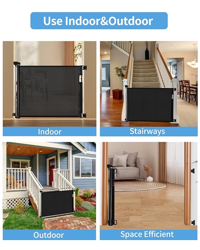 (2 Pack) Retractable Baby Gate for Doorways and Stairs, Mesh Safety Gate for Pet, Indoor & Outdoor Use, One-Hand Operation, Easy Installation, 33.6" Tall, Expands to 55" Wide(Black,33.6"x55"