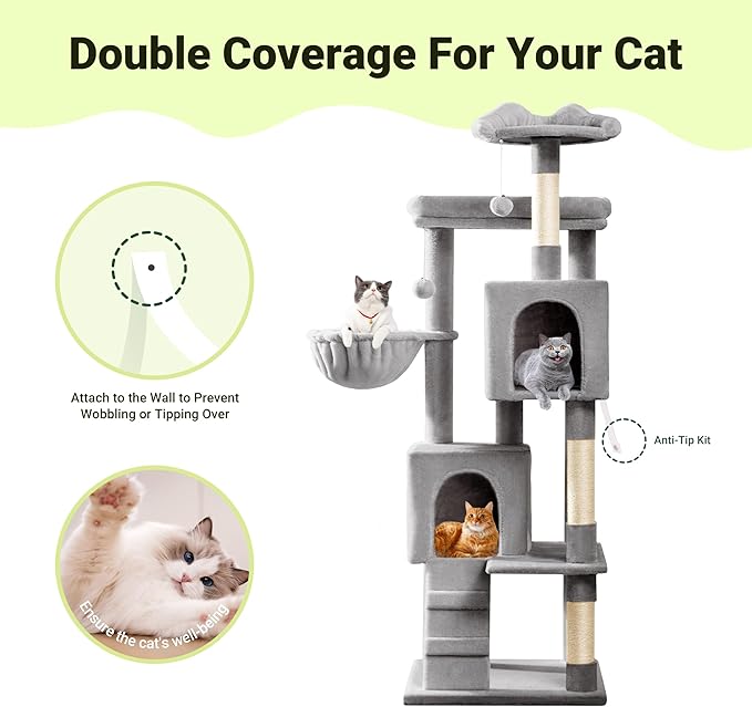 Allewie 64 Inches Cat Tree Tower/Multi-Level Activity Center for Indoor Big Felines/2 Plush Condos/2 Perchs/Basket/House/Sisal Scratching Posts/Hanging Cat Toys/Grey