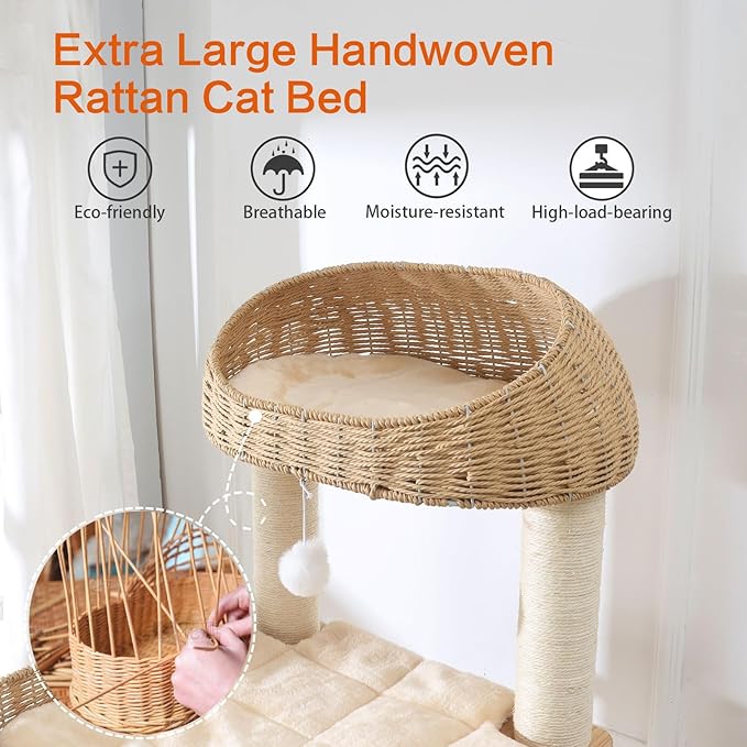 Wooden Cat Tree for Indoor Cats, 62-Inch Tall Cat Tower with Scratching Post for Large Cats, Solid Wood Cat Condo with Handwoven Basket, Modern Cat Tree Tower with Hammock, Easy to Clean