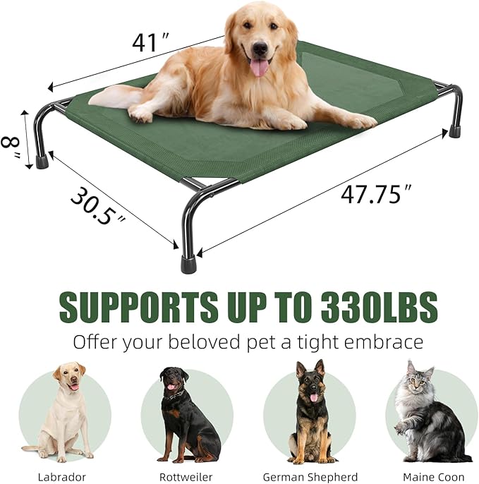 Simple Trending Raised Dog Bed for Large Dogs, Waterproof XL Dog Cot, Outdoor Cooling Elevated Pet Bed Load 200lb, 47.75" x 30.5", Green
