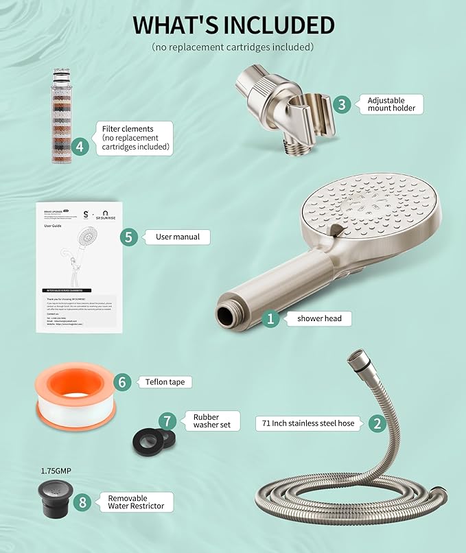 Filtered Shower Head with Handheld, High Pressure 9 Spray Mode Brushed Nickel Showerhead with Filters, detachable shower head,Water Softener Filters Beads for Hard Water - Remove Chlorine