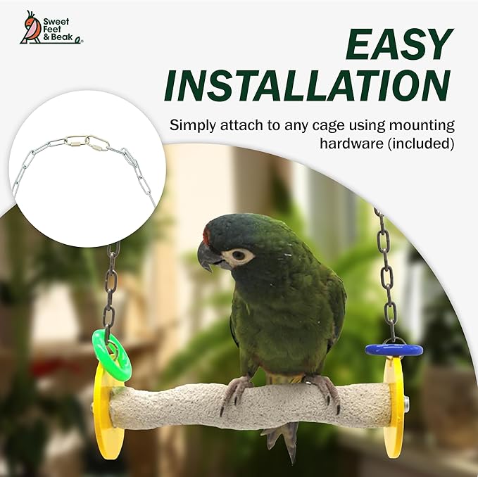 Sweet Feet and Beak Roll Bird Swing - Pumice Perch Bird Toys Trims Nails and Beaks, Safe and Non-Toxic Bird Cage Accessories for Small and Large Birds, Swinging Toys Birds Will Love, Small 7.5 Inches