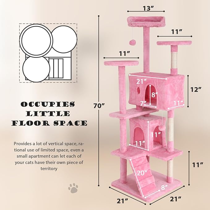 Heavy Duty Cat Tree Tower, 70" Tall Cat Tower for Indoor Cats with Cat Scratching Post with Bed, Cat Condo, Hanging Ball, Multi-Level Cat Climbing Tower Cat Trees Furniture Activity Center, Pink